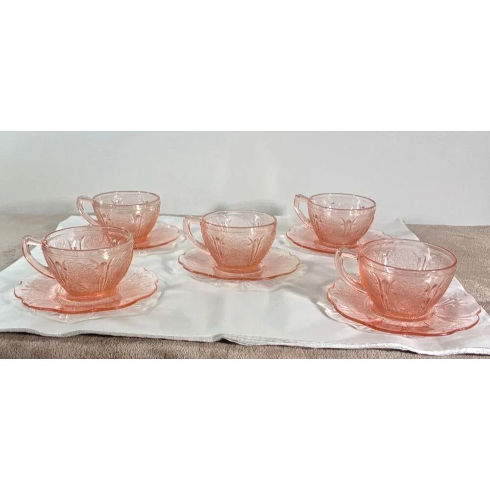Jeannette Pink Cherry Blossom Depression Glass Cups Saucers 10 Pc Set VTG